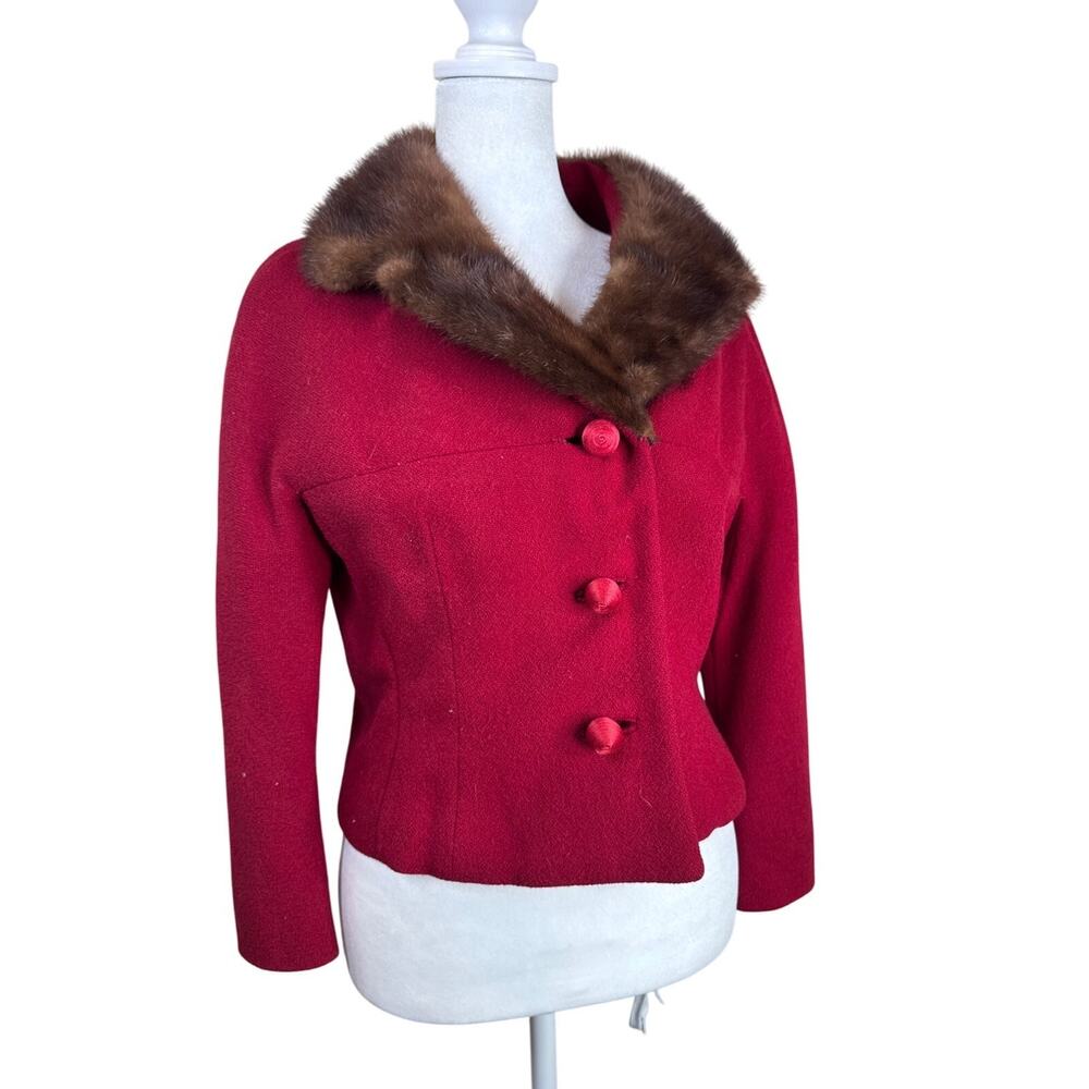 Vintage Red Wool Crop Jacket Brown Fur Collar‎ Zelinka Matlock Forest Mann
